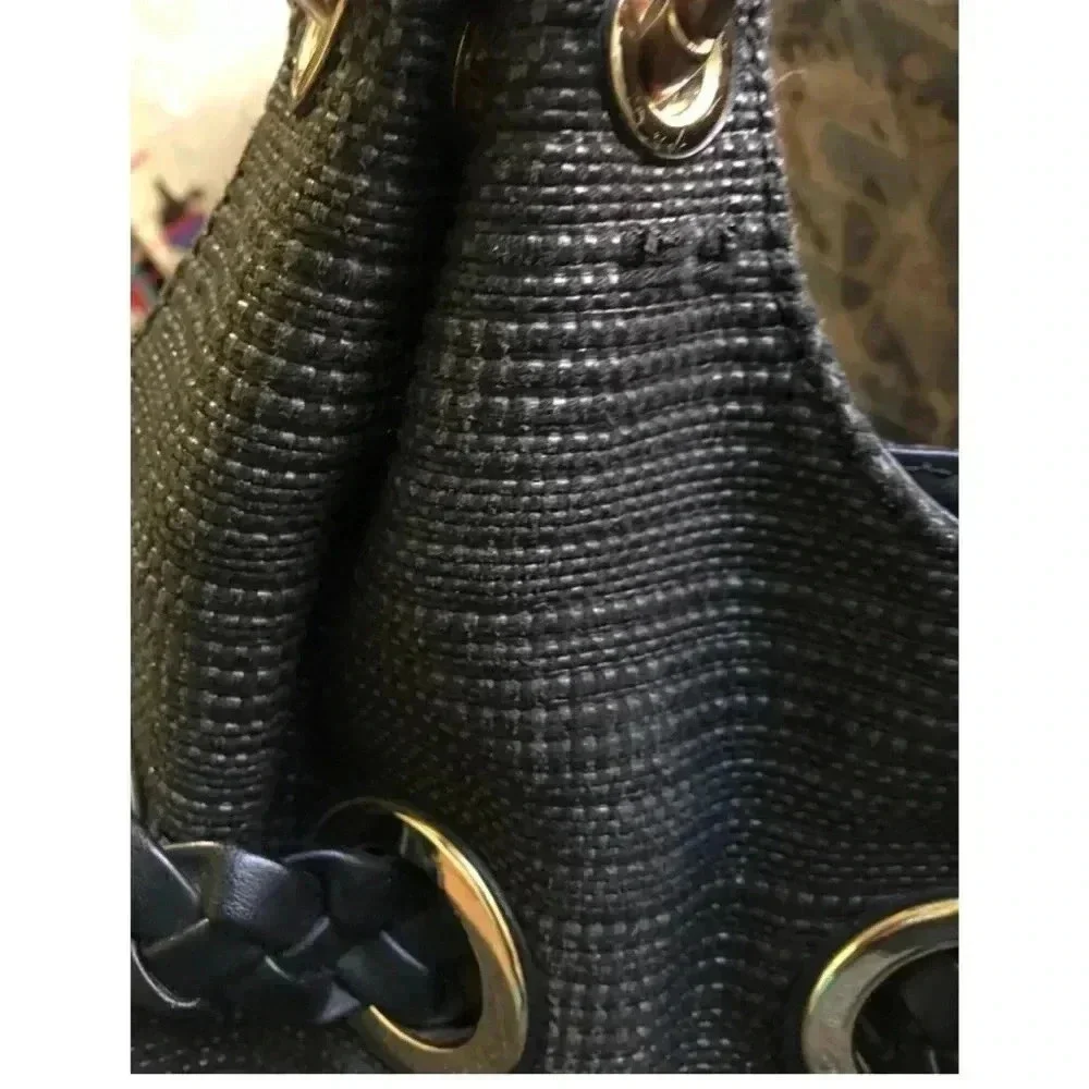 Michael kors black straw shoulder handbag with leather strap & trim